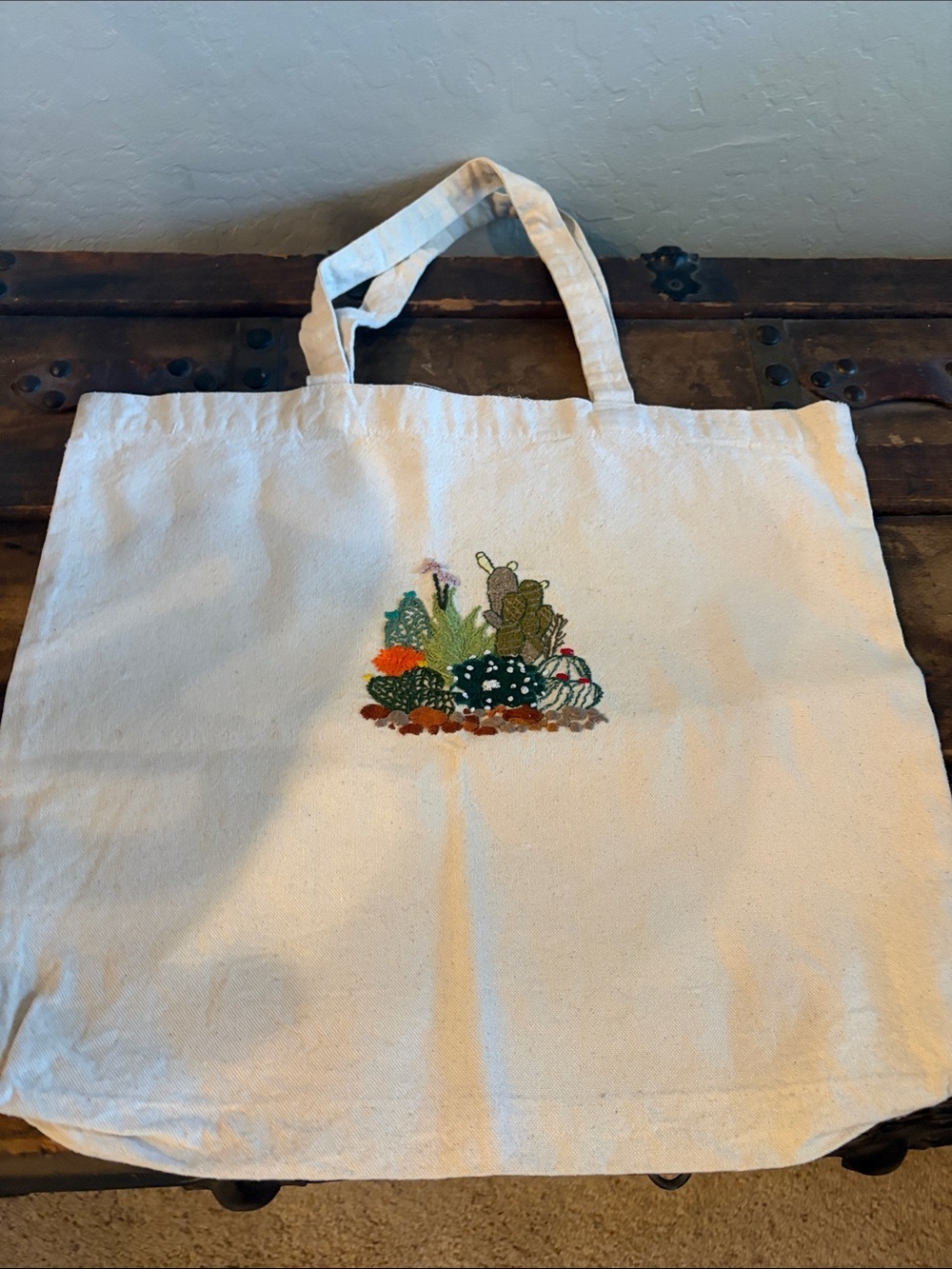 Hand Embroidered Cactus Canvas Tote Bag